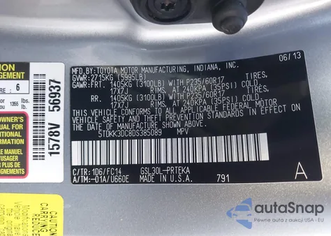 2013 Toyota Sienna Le V6 8 Passenger from USA, damaged, VIN 5TDKK3DC8DS385089